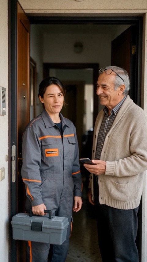 Giulia alla porta del cliente che ha già visto il preventivo